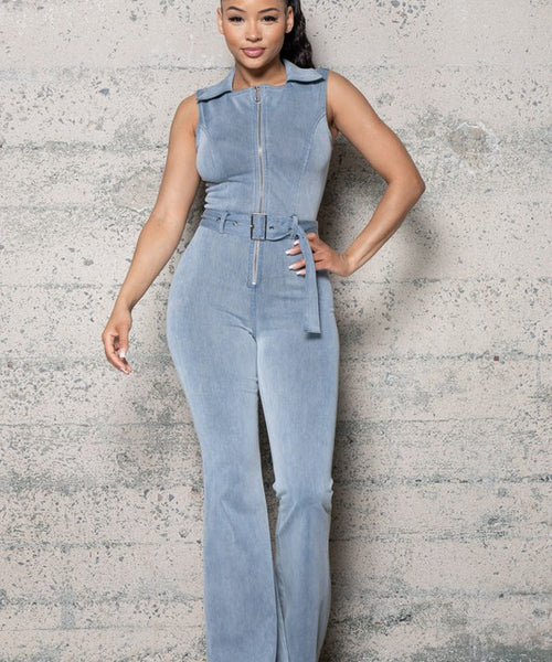 STRETCH DENIM BELLBOTTOM JUMPSUIT