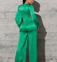 STRETCHY SATIN JUMPSUIT WITH LONG PUFFY SLEEVES