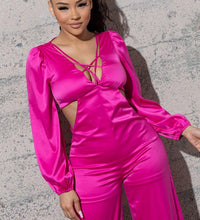 STRETCHY SATIN JUMPSUIT WITH LONG PUFFY SLEEVES