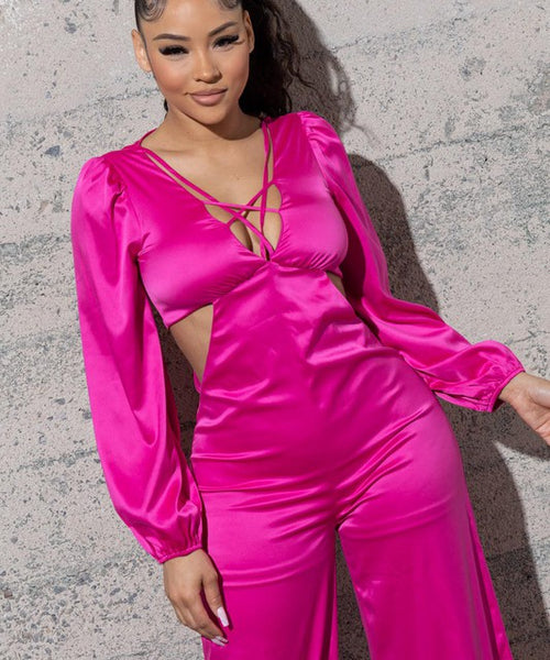 STRETCHY SATIN JUMPSUIT WITH LONG PUFFY SLEEVES