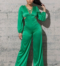 STRETCHY SATIN JUMPSUIT WITH LONG PUFFY SLEEVES