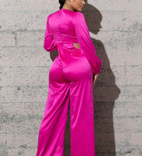 STRETCHY SATIN JUMPSUIT WITH LONG PUFFY SLEEVES