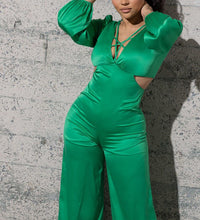 STRETCHY SATIN JUMPSUIT WITH LONG PUFFY SLEEVES