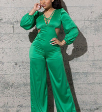 STRETCHY SATIN JUMPSUIT WITH LONG PUFFY SLEEVES