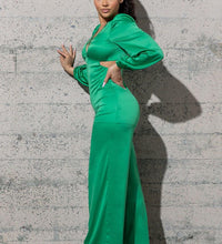 STRETCHY SATIN JUMPSUIT WITH LONG PUFFY SLEEVES