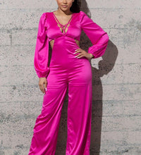 STRETCHY SATIN JUMPSUIT WITH LONG PUFFY SLEEVES