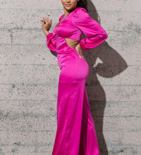 STRETCHY SATIN JUMPSUIT WITH LONG PUFFY SLEEVES