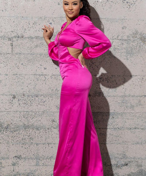 STRETCHY SATIN JUMPSUIT WITH LONG PUFFY SLEEVES